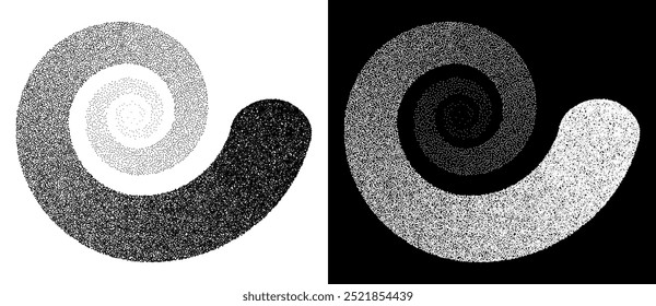 Abstract art background with dotted spiral. Stipple effect with chaotic noise. Black shape on a white background and the same white shape on the black side.