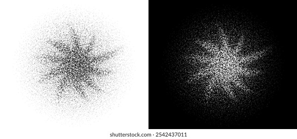 Abstract art background with dotted spiral. Stipple effect with chaotic noise. Black shape on a white background and the same white shape on the black side.