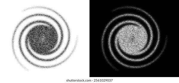 Abstract art background with dotted spiral. Stipple effect with chaotic noise. Black shape on a white background and the same white shape on the black side.