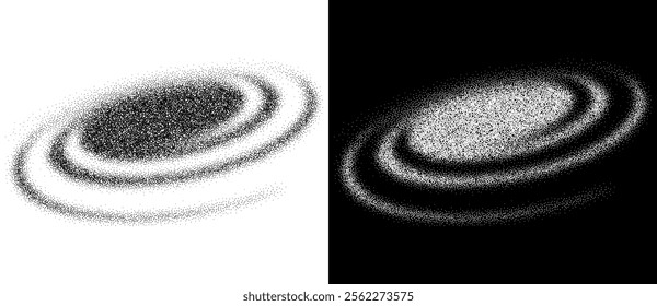 Abstract art background with dotted spiral. Stipple effect with chaotic noise. Black shape on a white background and the same white shape on the black side.