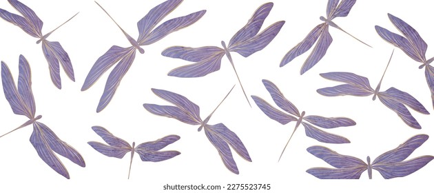 Abstract art background with dragonfly pattern in purple color with gold elements in art line style. Hand drawn vector banner for wallpaper design, decor, print, textile, interior design, packaging.