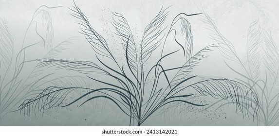 Resumen de fondo artístico con pasto seco de color azul oscuro en estilo de línea. Banner botánico dibujado a mano para diseño de decoración, impresión, papel pintado, embalaje, textil, invitaciones.