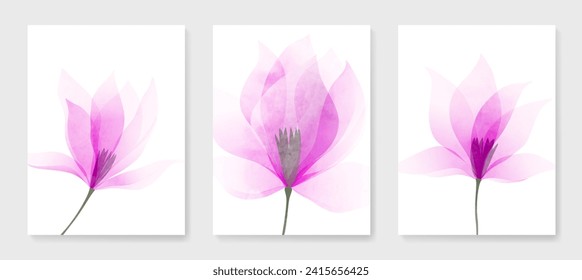 Abstract art background with flowers in watercolor transparent style. Vector botanical poster set for decoration, print, interior design, wallpaper, packaging, textile, invitations.