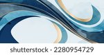 Abstract art background with flowing waves pattern in blue and gold color in watercolor style. Vector banner for decoration design, print, textile, wallpaper, interior design, packaging.