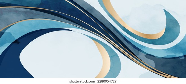 Abstract art background with flowing waves pattern in blue and gold color in watercolor style. Vector banner for decoration design, print, textile, wallpaper, interior design, packaging.