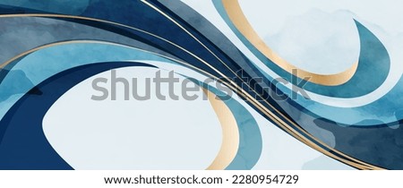 Abstract art background with flowing waves pattern in blue and gold color in watercolor style. Vector banner for decoration design, print, textile, wallpaper, interior design, packaging.