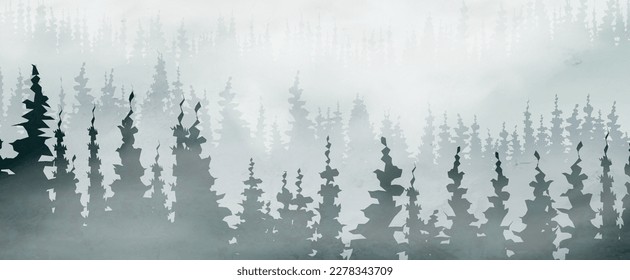 Abstrakter Kunsthintergrund mit einem Wald auf den Hügeln in einem Aquarell in Blau- und Grüntönen. Landschaftsbanner für Dekorationsdesign, Druck, Verpackung, Tapete, Interieur, Textilien.