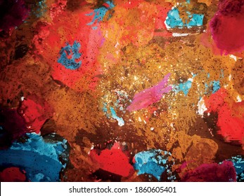 Abstract art background. Fragment of a work of art. Paint strokes, gold. Contemporary art. Colorful texture. Abstract composition for design elements. Close-up of the fragment.