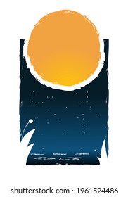Abstract art background with full moon illustration on the lake at night