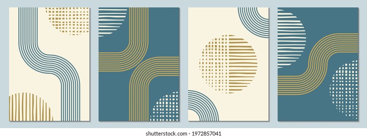 Abstract art background with geometric minimal shapes, circles, lines or stripes. Modern trendy poster, cover, card design. Contemporary print. Boho wall decoration template. Vector illustration.