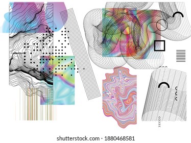 Abstract art background with geometric sci-fi elements. High-tech cyberpunk technology of virtual reality. Computer generated science models with hologram. Modern Gothic art kit design set.