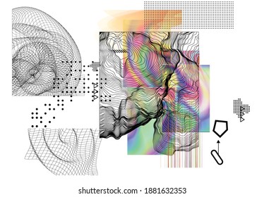 Abstract art background with geometric sci-fi elements. High-tech cyberpunk technology of virtual reality. Computer generated science models with hologram. Modern Gothic art kit design set.