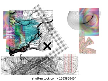 Abstract art background with geometric sci-fi elements. High-tech cyberpunk technology of virtual reality. Computer generated science models with hologram. Modern Gothic art kit design set.