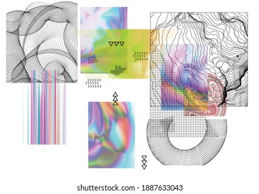 Abstract art background with geometric sci-fi elements. High-tech cyberpunk technology of virtual reality. Computer generated science models with hologram. Modern Gothic art kit design set.