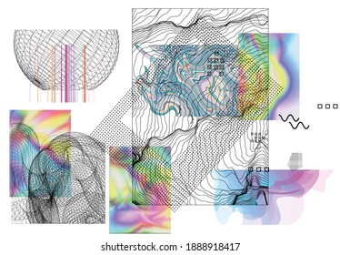Abstract art background with geometric sci-fi elements. High-tech cyberpunk technology of virtual reality. Computer generated science models with hologram. Modern Gothic art kit design set.