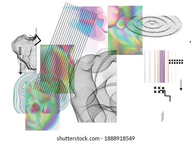 Abstract art background with geometric sci-fi elements. High-tech cyberpunk technology of virtual reality. Computer generated science models with hologram. Modern Gothic art kit design set.