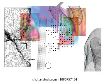 Abstract art background with geometric sci-fi elements. High-tech cyberpunk technology of virtual reality. Computer generated science models with hologram. Modern Gothic art kit design set.