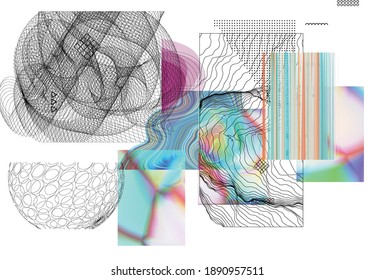 Abstract art background with geometric sci-fi elements. High-tech cyberpunk technology of virtual reality. Computer generated science models with hologram. Modern Gothic art kit design set.