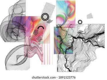 Abstract art background with geometric sci-fi elements. High-tech cyberpunk technology of virtual reality. Computer generated science models with hologram. Modern Gothic art kit design set.