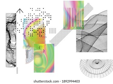 Abstract art background with geometric sci-fi elements. High-tech cyberpunk technology of virtual reality. Computer generated science models with hologram. Modern Gothic art kit design set.