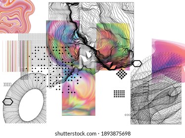 Abstract art background with geometric sci-fi elements. High-tech cyberpunk technology of virtual reality. Computer generated science models with hologram. Modern Gothic art kit design set.