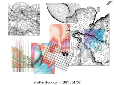 Abstract art background with geometric sci-fi elements. High-tech cyberpunk technology of virtual reality. Computer generated science models with hologram. Modern Gothic art kit design set.