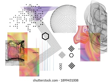 Abstract art background with geometric sci-fi elements. High-tech cyberpunk technology of virtual reality. Computer generated science models with hologram. Modern Gothic art kit design set.