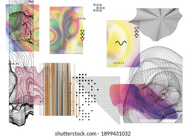 Abstract art background with geometric sci-fi elements. High-tech cyberpunk technology of virtual reality. Computer generated science models with hologram. Modern Gothic art kit design set.