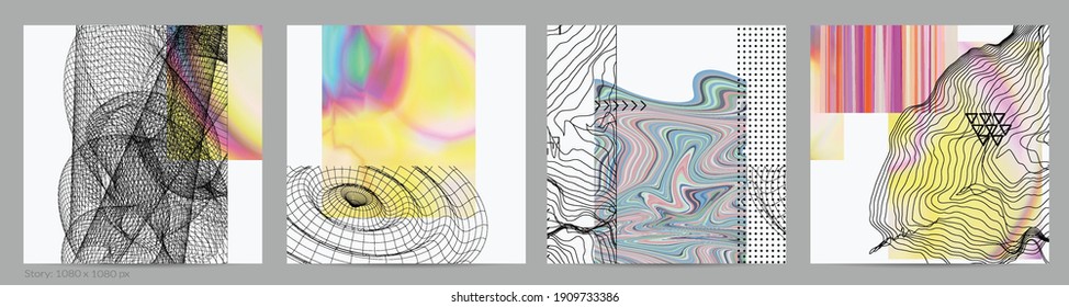 Abstract art background with geometric sci-fi elements. High-tech cyberpunk technology of virtual reality. Computer generated science models with hologram. Modern Gothic social media post template.