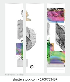 Abstract art background with geometric sci-fi elements. High-tech cyberpunk technology of virtual reality. Computer generated science models with hologram. Modern Gothic web banner template.