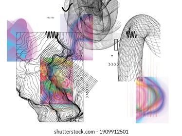 Abstract art background with geometric sci-fi elements. High-tech cyberpunk technology of virtual reality. Computer generated science models with hologram. Modern Gothic art kit design set.