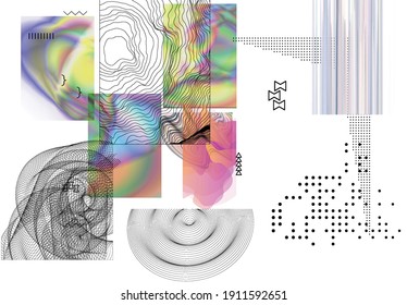 Abstract Art Background With Geometric Sci-fi Elements. High-tech Cyberpunk Technology Of Virtual Reality. Computer Generated Science Models With Hologram. Modern Gothic Art Kit Design Set.