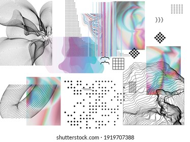 Abstract art background with geometric sci-fi elements. High-tech cyberpunk technology of virtual reality. Computer generated science models with hologram. Modern Gothic art kit design set.