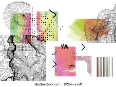 Resumen de fondo artístico con elementos geométricos de ciencia ficción. Tecnología ciberpunk de alta tecnología de realidad virtual. Modelos científicos generados por computadora con holograma. Moderno conjunto de diseño de kit de arte gótico.