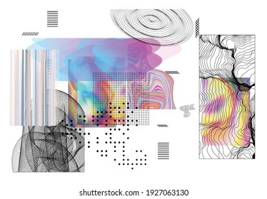 Abstract art background with geometric sci-fi elements. High-tech cyberpunk technology of virtual reality. Computer generated science models with hologram. Modern Gothic art kit design set.