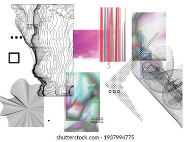 Abstract art background with geometric sci-fi elements. High-tech cyberpunk technology of virtual reality. Computer generated science models with hologram. Modern Gothic art kit design set.