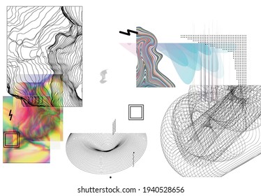 Abstract art background with geometric sci-fi elements. High-tech cyberpunk technology of virtual reality. Computer generated science models with hologram. Modern Gothic art kit design set.