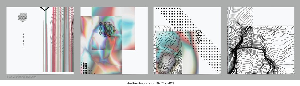 Abstract art background with geometric sci-fi elements. High-tech cyberpunk technology of virtual reality. Computer generated science models with hologram. Modern Gothic social media post template.