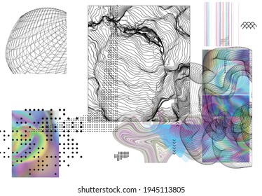 Abstract art background with geometric sci-fi elements. High-tech cyberpunk technology of virtual reality. Computer generated science models with hologram. Modern Gothic art kit design set.