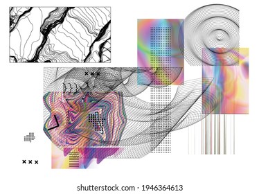 Abstract art background with geometric sci-fi elements. High-tech cyberpunk technology of virtual reality. Computer generated science models with hologram. Modern Gothic art kit design set.