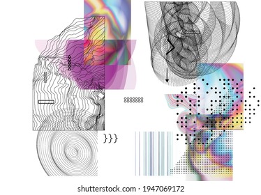 Abstract art background with geometric sci-fi elements. High-tech cyberpunk technology of virtual reality. Computer generated science models with hologram. Modern Gothic art kit design set.