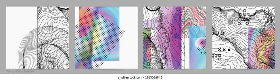 Abstract art background with geometric sci-fi elements. High-tech cyberpunk technology of virtual reality. Computer generated science models with hologram. Modern Gothic social media post template.