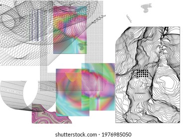 Abstract art background with geometric sci-fi elements. High-tech cyberpunk technology of virtual reality. Computer generated science models with hologram. Modern Gothic art kit design set.