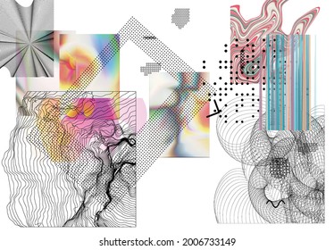Abstract art background with geometric sci-fi elements. High-tech cyberpunk technology of virtual reality. Computer generated science models with hologram. Modern Gothic art kit design set.