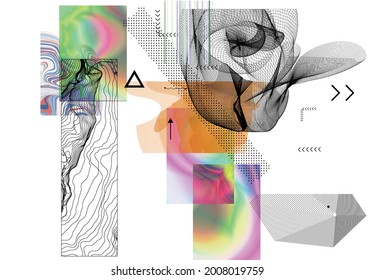 Abstract art background with geometric sci-fi elements. High-tech cyberpunk technology of virtual reality. Computer generated science models with hologram. Modern Gothic art kit design set.