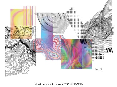 Abstract art background with geometric sci-fi elements. High-tech cyberpunk technology of virtual reality. Computer generated science models with hologram. Modern Gothic art kit design set.
