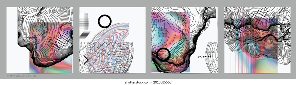 Abstrakter Kunsthintergrund mit geometrischen Science-Fiction-Elementen. Hightech-Cyberpunk-Technologie der virtuellen Realität. Computer generierten Wissenschaftsmodelle mit Hologramm. Moderne gotische Social-Media-Post-Vorlage.