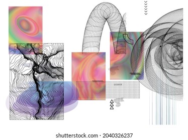 Abstract art background with geometric sci-fi elements. High-tech cyberpunk technology of virtual reality. Computer generated science models with hologram. Modern Gothic art kit design set.