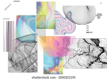 Abstract art background with geometric sci-fi elements. High-tech cyberpunk technology of virtual reality. Computer generated science models with hologram. Modern Gothic art kit design set.