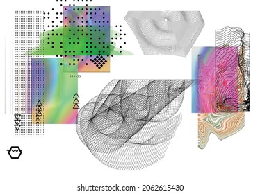 Abstract art background with geometric sci-fi elements. High-tech cyberpunk technology of virtual reality. Computer generated science models with hologram. Modern Gothic art kit design set.